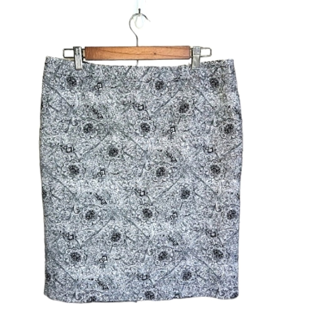 Liz Claiborne Lined Pencil Cotton Spandex Black & White Floral Skirt Size 12